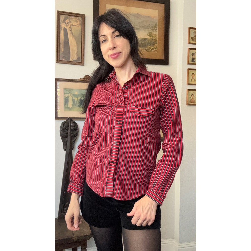 Ecco Bay Vintage 70s Red Black White Striped Button Down Shirt Long Sleeve